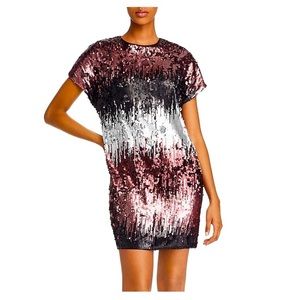AIDAN MATTOX red silver ombré sequin sheath shift luxury embellished minidress 0